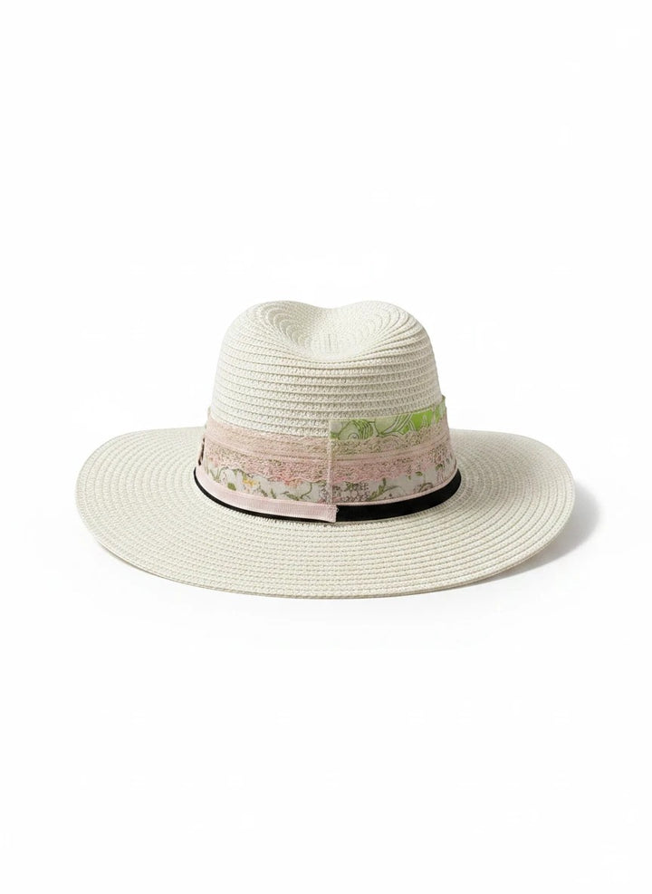 Adams + Hegwood off-white straw fedora with a layered floral ribbon, lace trim, and pearl-accented bow.