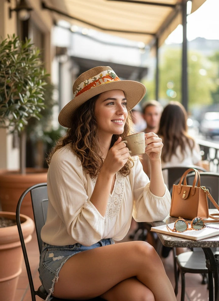 Woman wearing an Adams + Hegwood straw fedora with a decorative floral band and brooch at an outdoor cafe.