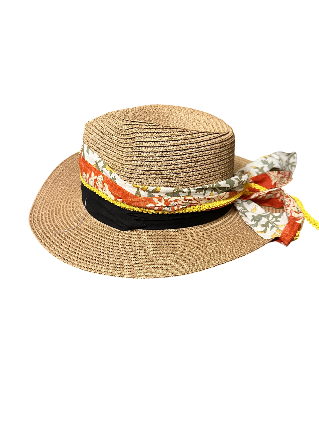 Adams + Hegwood straw fedora hat with a decorative floral fabric band, yellow trim, and black ribbon accent.