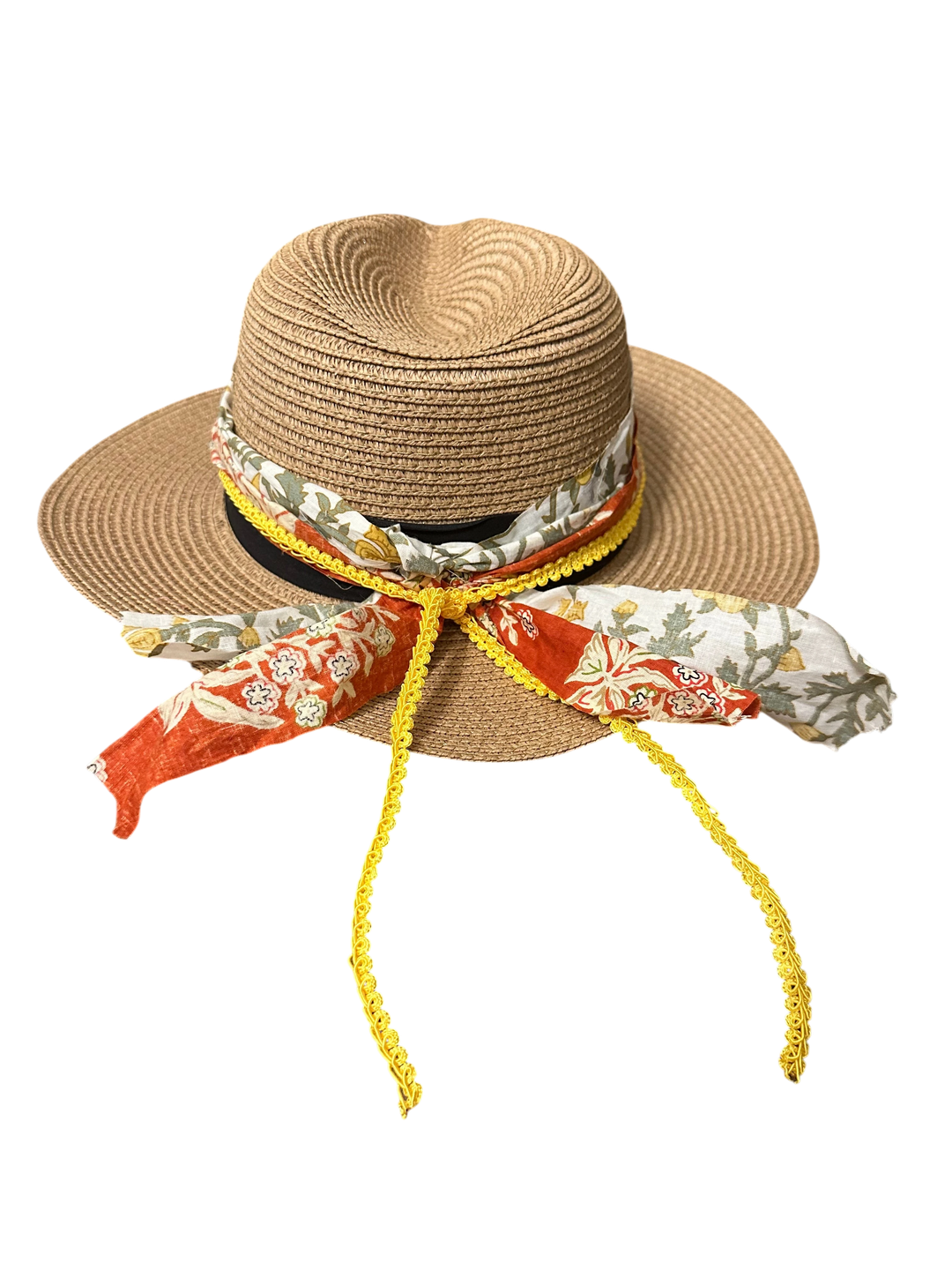 Adams + Hegwood straw fedora hat with a decorative floral fabric band, yellow trim, and dangling ribbon accents.