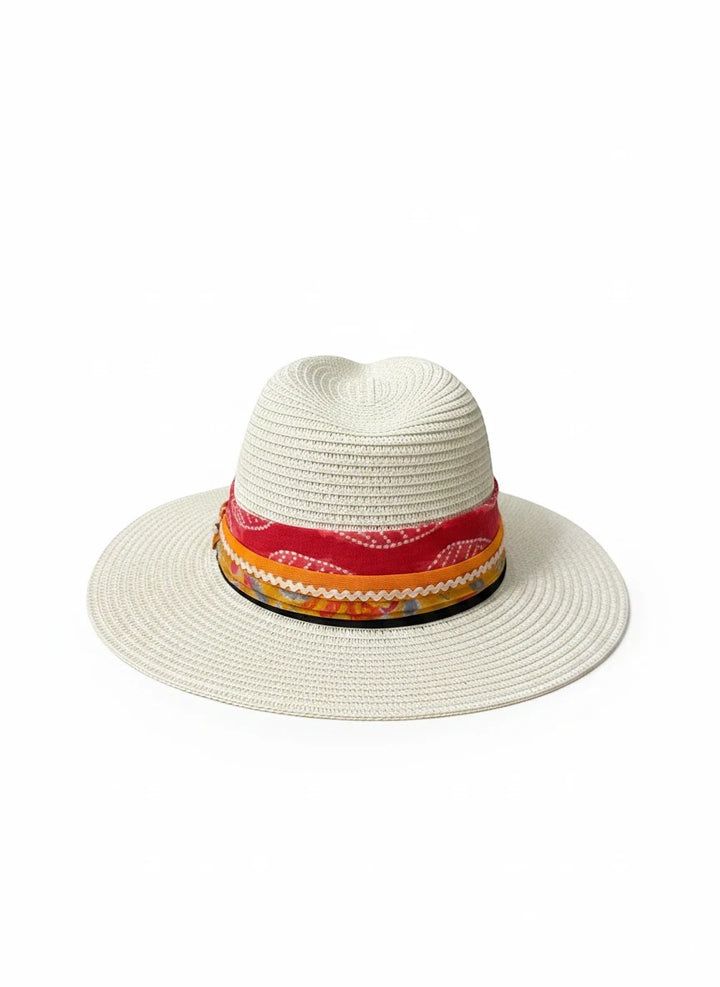 Adams + Hegwood straw fedora hat in cream with a colorful patterned fabric band and decorative trim