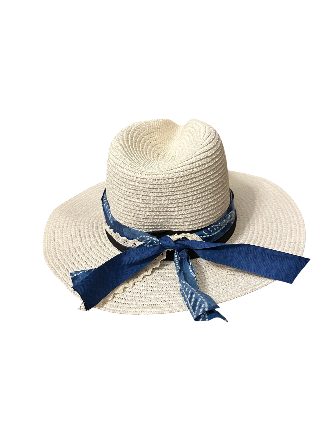 Adams + Hegwood woven straw fedora sun hat with a blue patterned fabric band and delicate lace trim detail.