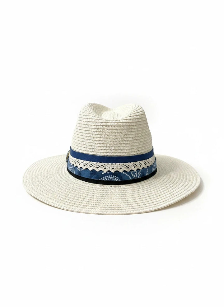Adams + Hegwood woven straw fedora with a blue patterned band, lace trim, and wide brim for summer sun protection.