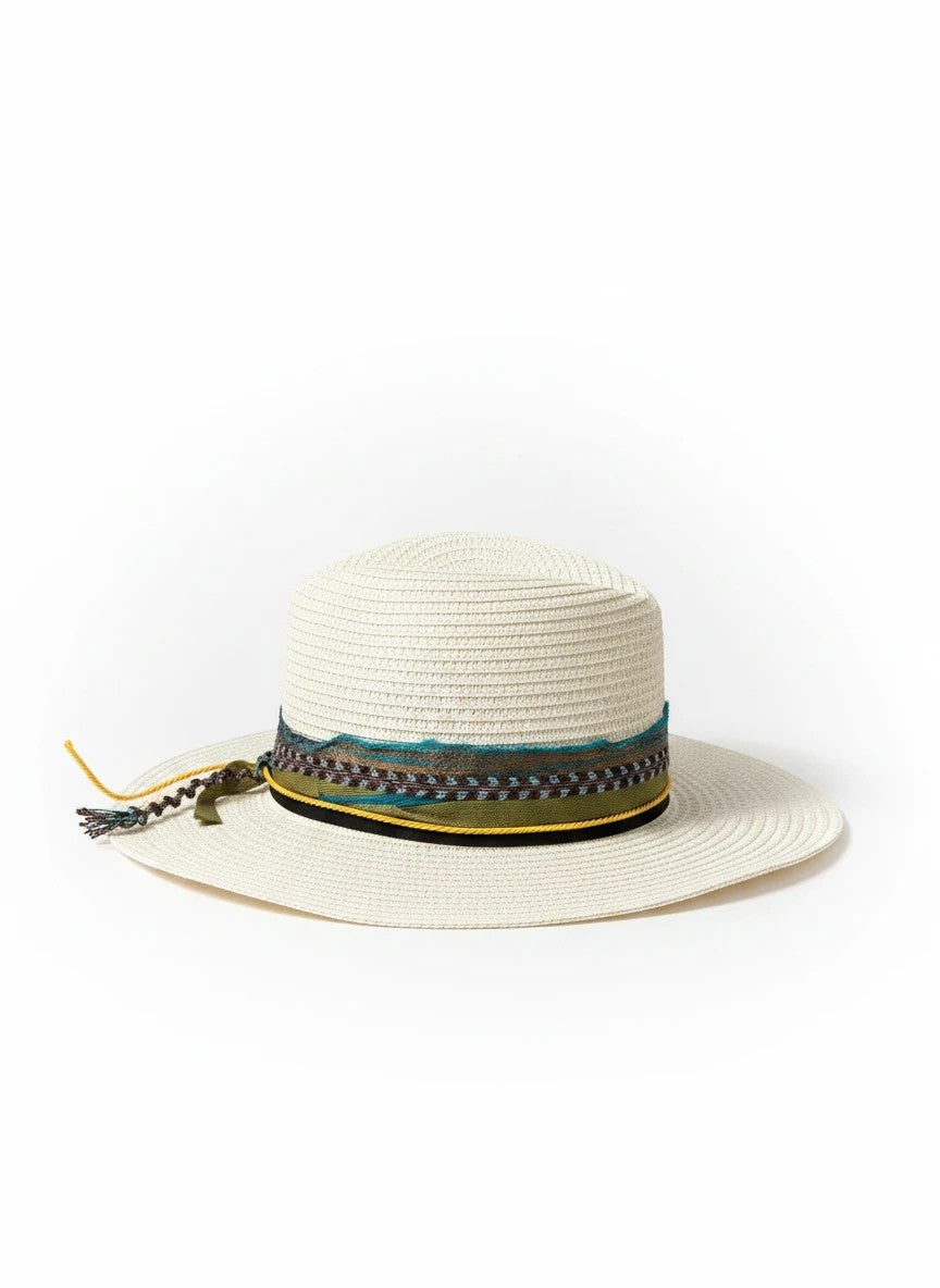 Adams + Hegwood woven straw fedora with a wide brim and a decorative teal and olive multi-textured band.