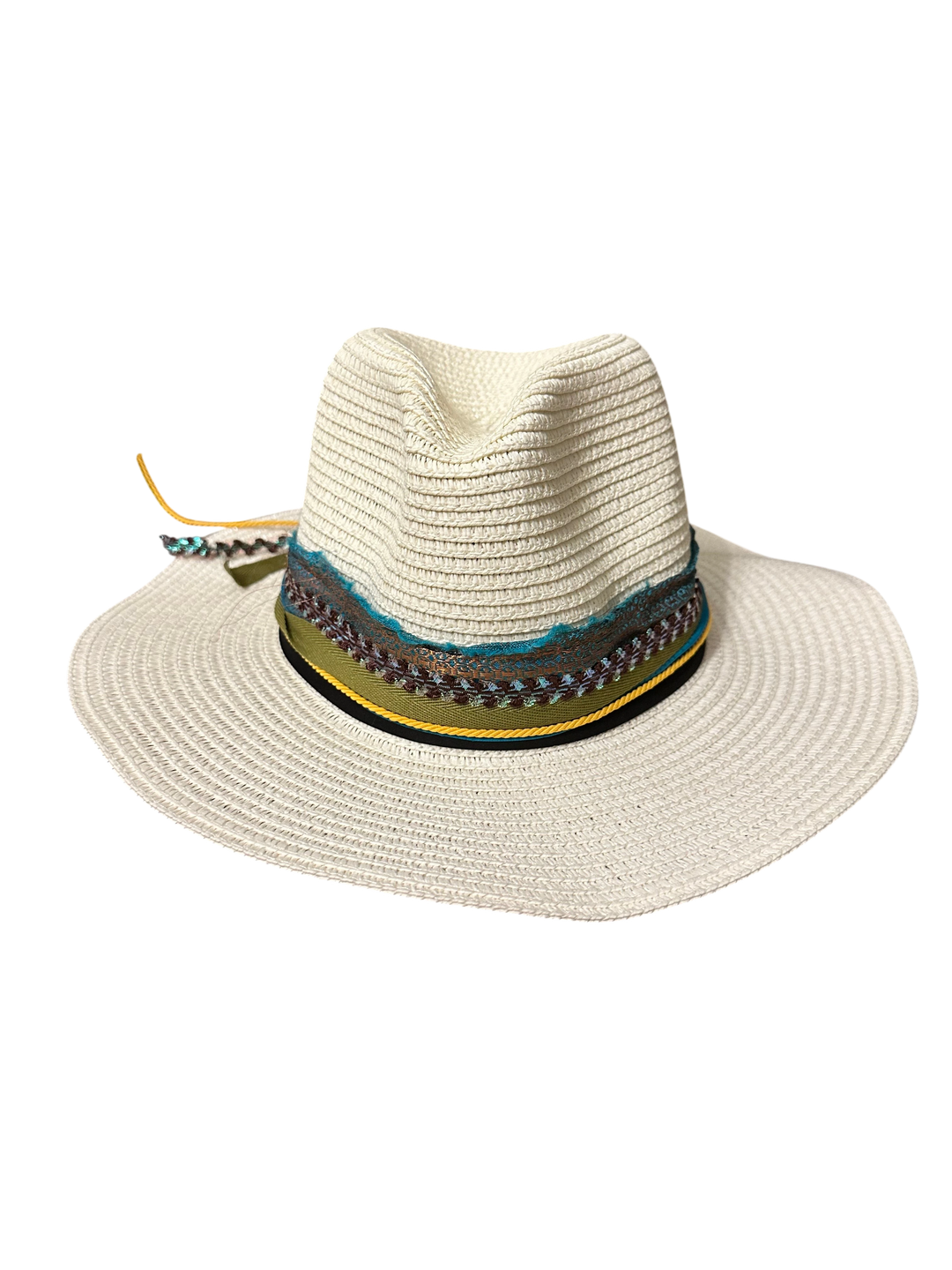 Adams + Hegwood woven straw fedora sun hat with a multi-layered teal and olive decorative band and wide brim.