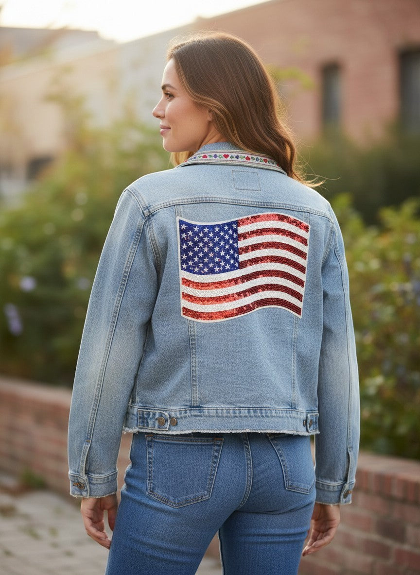 Adams + Hegwood light-wash denim jacket with American flag sequin patch on back and embroidered ribbon collar.