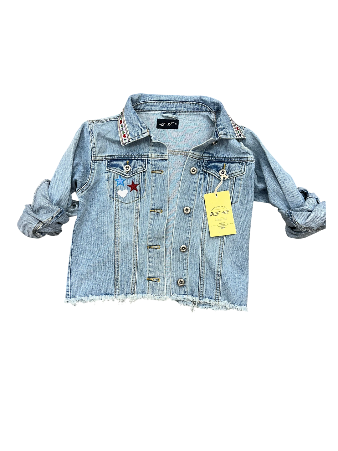 Adams + Hegwood light-wash denim jacket with embroidered stars, hearts, and American flag sequin patch on back.