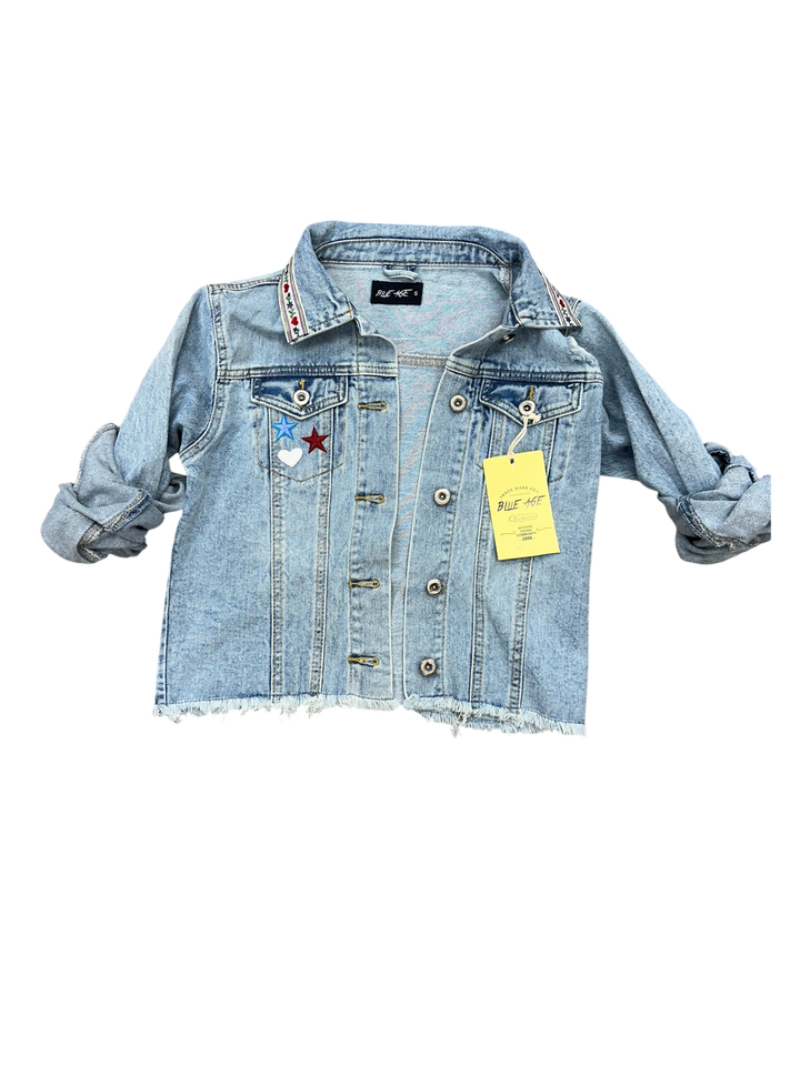 Adams + Hegwood light-wash denim jacket with embroidered stars, hearts, and American flag sequin patch on back.