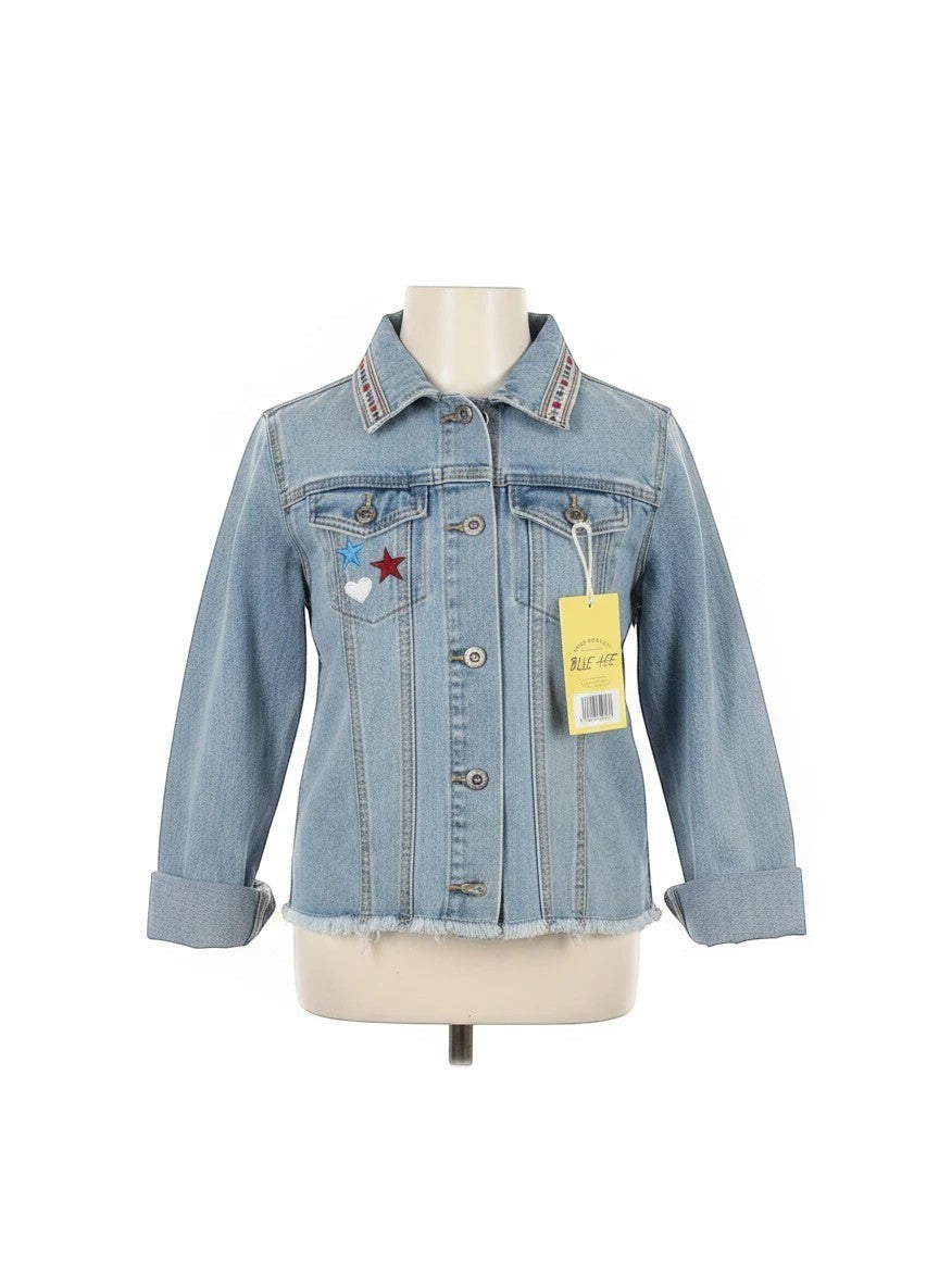 Adams + Hegwood light-wash denim jacket with embroidered stars, heart, and American flag sequin patch on back. Raw hem.