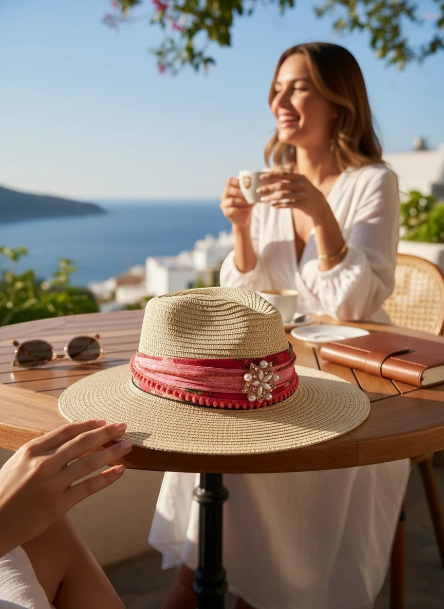 Adams + Hegwood straw fedora hat with pink floral band, pom-pom trim, and pearl brooch. Natural straw.