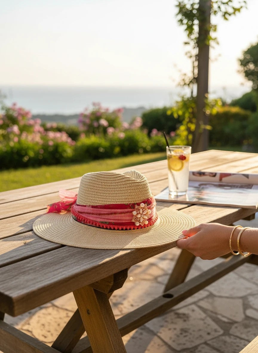 Adams + Hegwood straw fedora hat with pink floral band, pom-pom trim, and pearl brooch. Natural straw, wide brim.