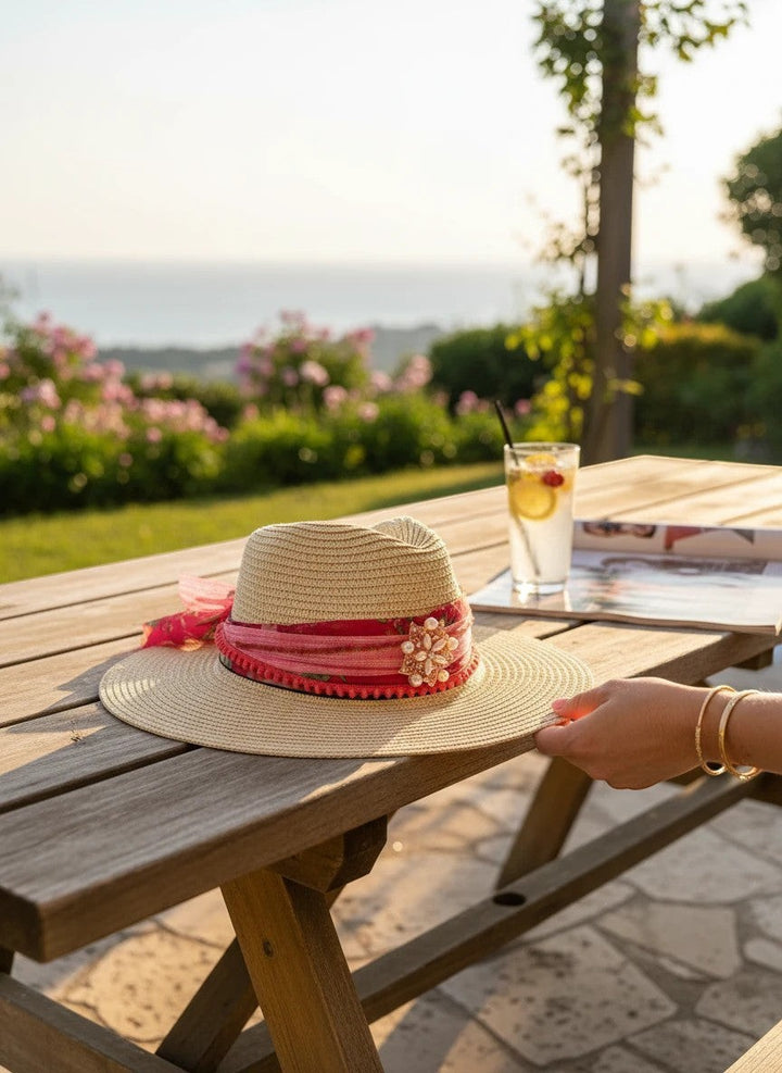 Adams + Hegwood straw fedora hat with pink floral band, pom-pom trim, and pearl brooch. Natural straw, wide brim.