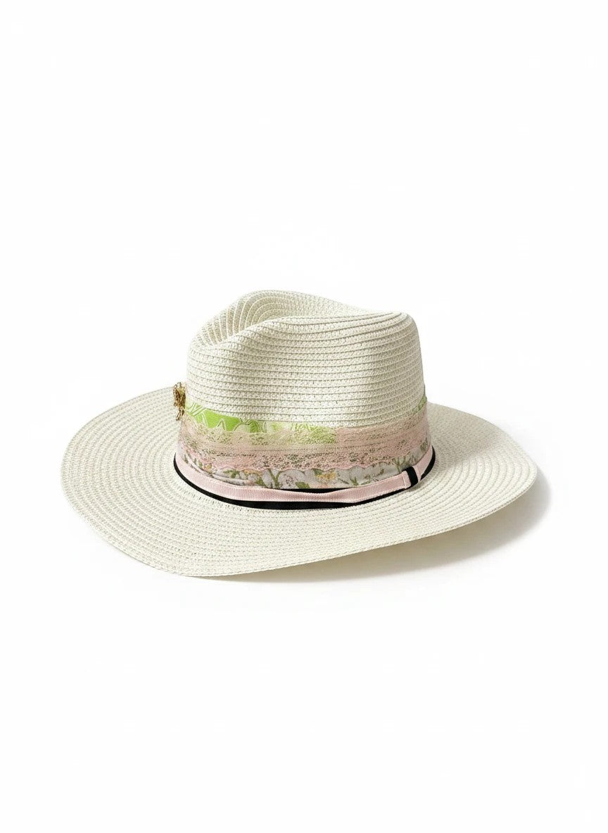 Adams + Hegwood off-white straw fedora with a layered floral ribbon, lace band, and pearl-accented bow.