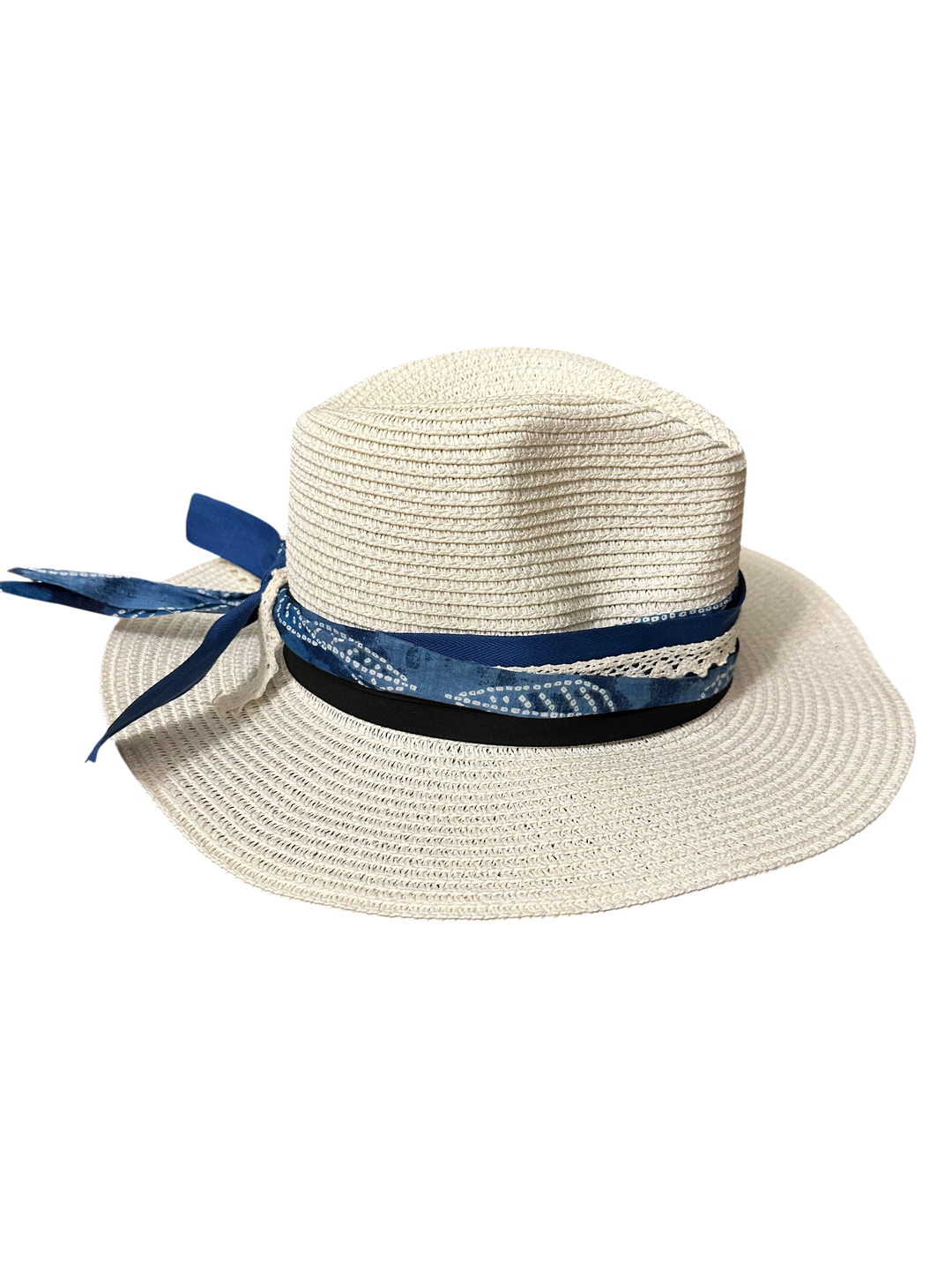 Adams + Hegwood woven straw fedora sun hat with a blue patterned fabric band, lace trim, and wide brim.