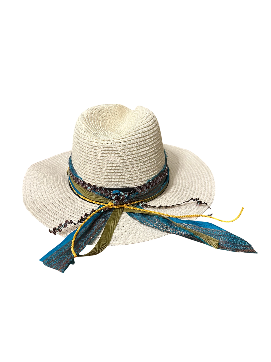 Adams + Hegwood woven straw fedora sun hat with a decorative teal and olive multi-textured fabric band.