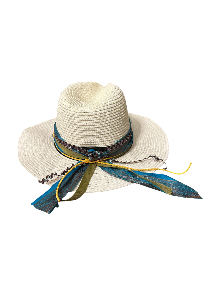Adams + Hegwood woven straw fedora sun hat with a decorative teal and olive multi-textured fabric band.