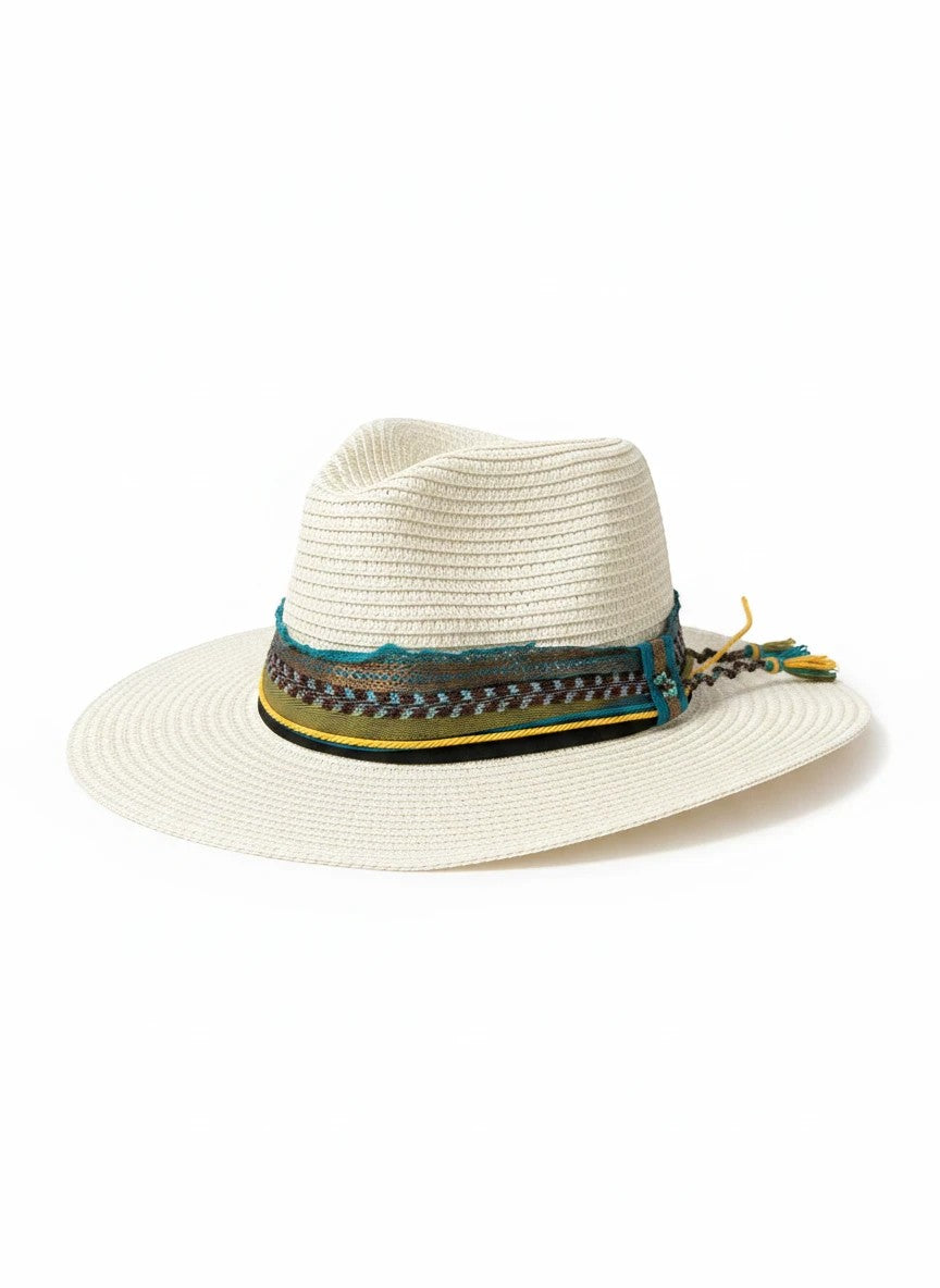 Adams + Hegwood woven straw fedora with a wide brim and a decorative teal and olive multi-textured band.