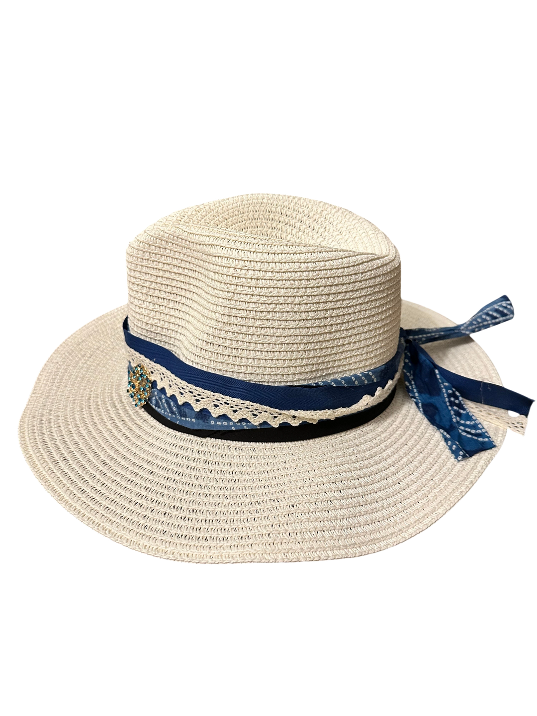 Adams + Hegwood woven straw fedora with a blue patterned fabric band, lace trim, and decorative side embellishment.