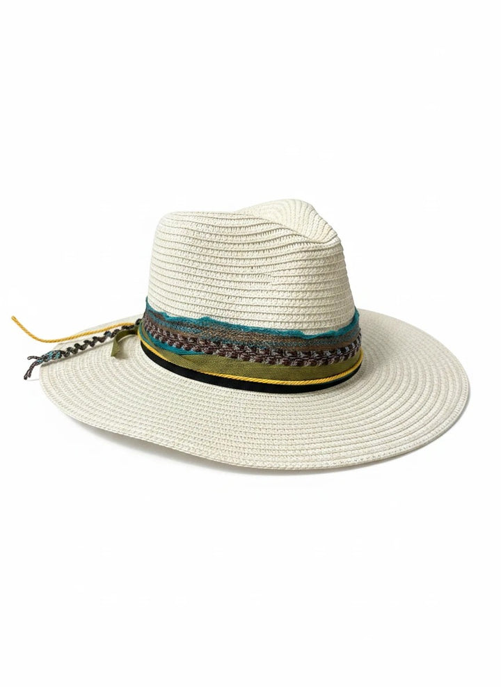 Adams + Hegwood woven straw fedora sun hat with a decorative teal and olive multi-textured band and wide brim.