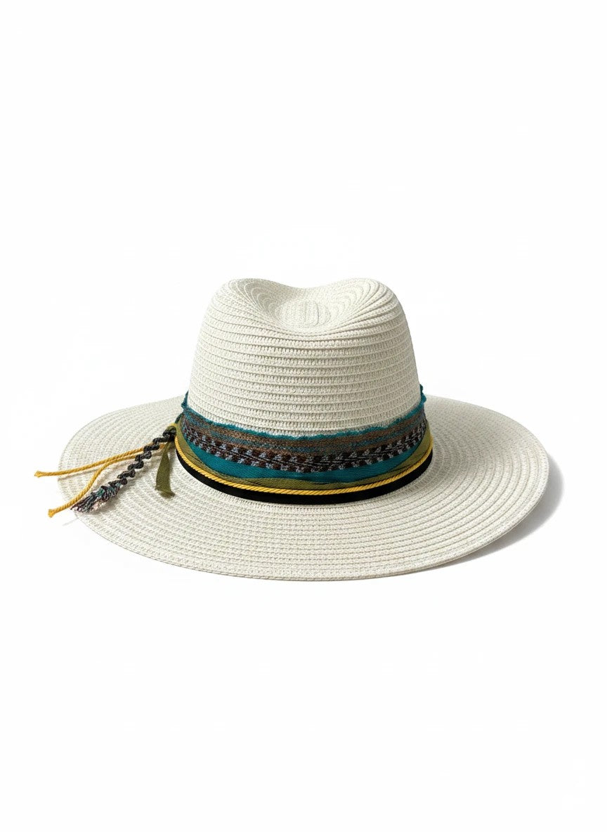 Adams + Hegwood woven straw fedora sun hat with a multi-layered teal and olive decorative band and wide brim.