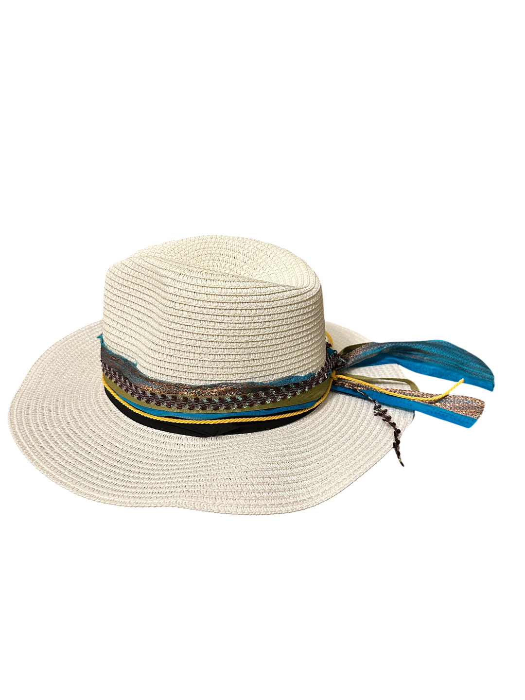 Adams + Hegwood woven straw fedora sun hat with a decorative teal and olive multi-textured band and wide brim.