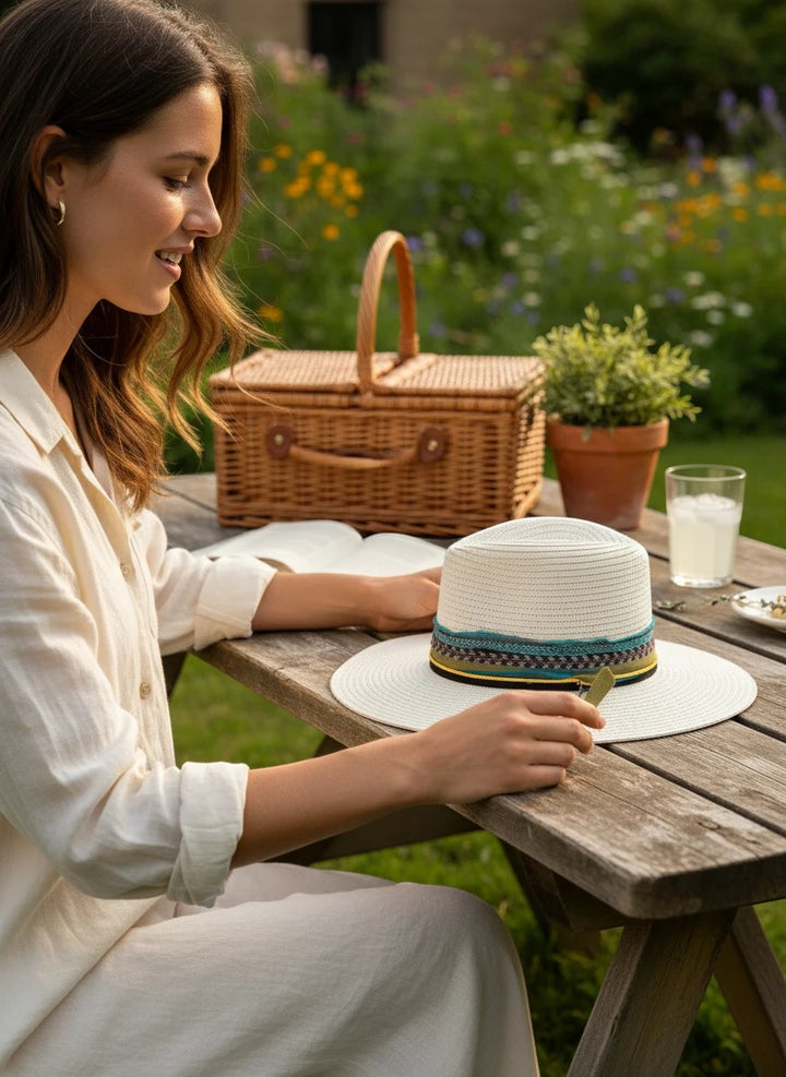 Woman wearing an Adams + Hegwood woven straw fedora with a teal and olive decorative band at a garden picnic table.