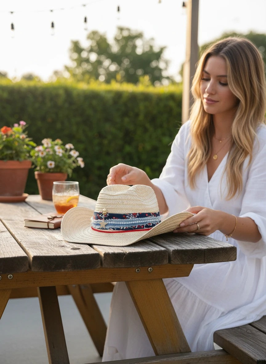 Adams + Hegwood woven straw western hat with floral denim band and star charm, worn by a woman in a white dress.