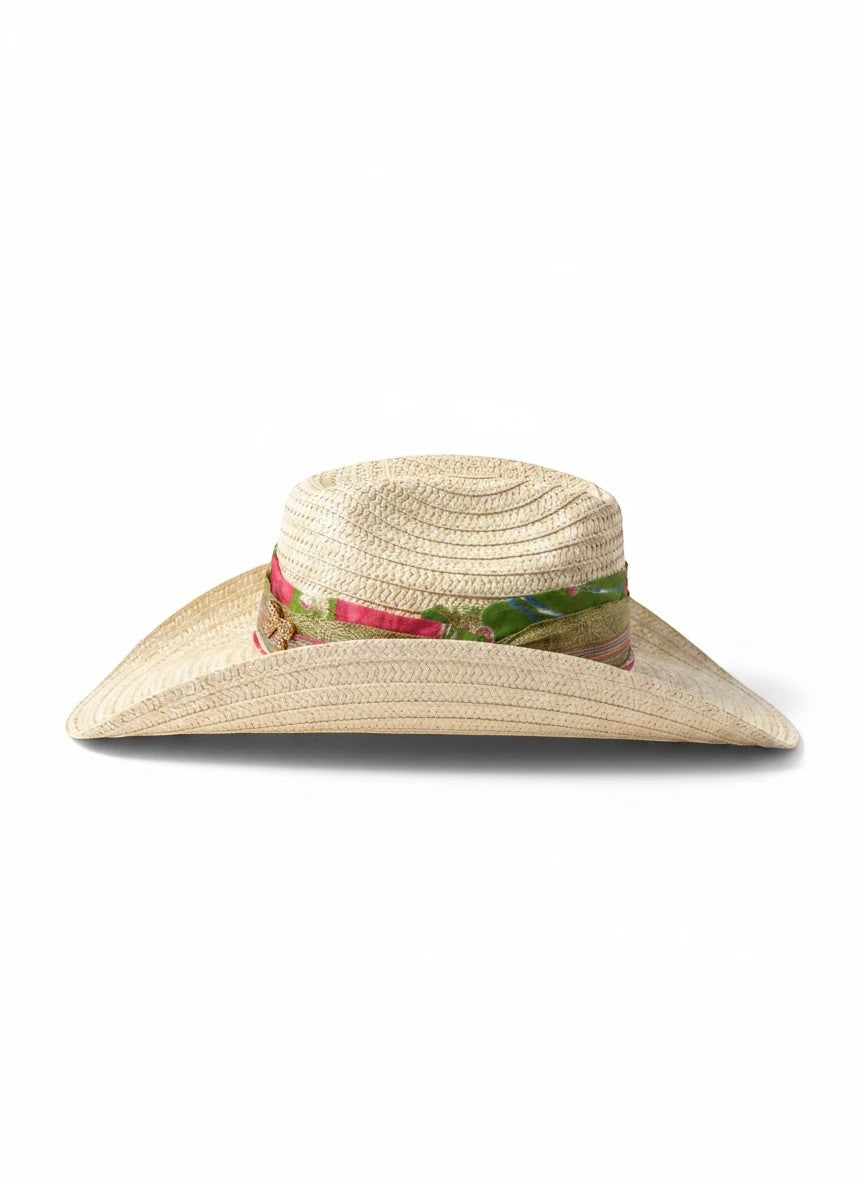 Adams + Hegwood woven straw western hat with a wide brim and a colorful floral fabric ribbon band.