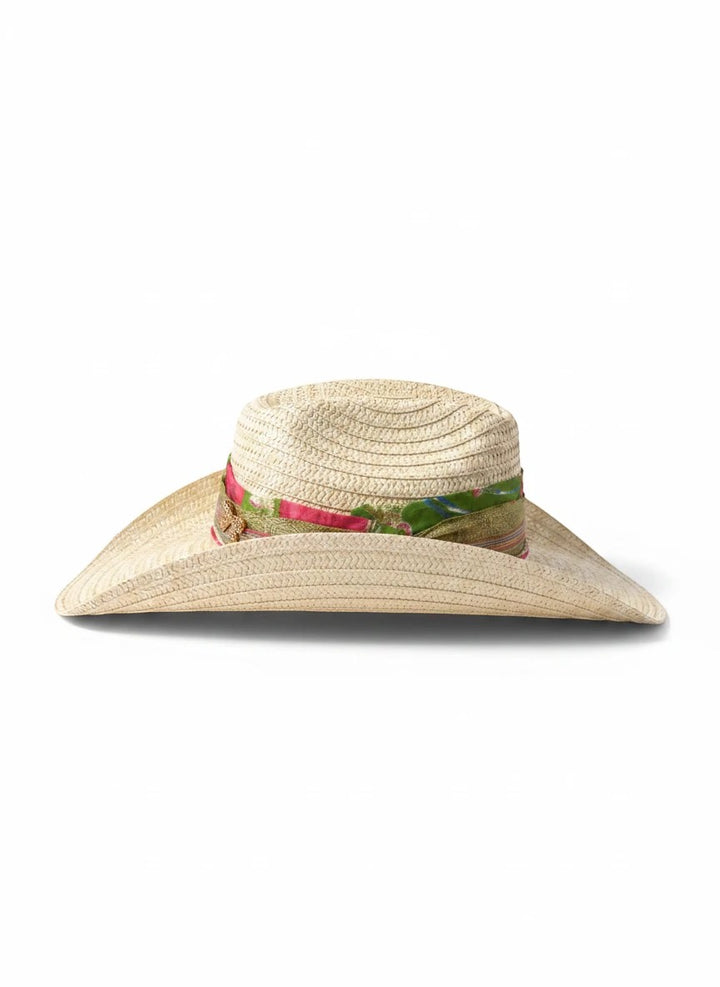 Adams + Hegwood woven straw western hat with a wide brim and a colorful floral fabric ribbon band.