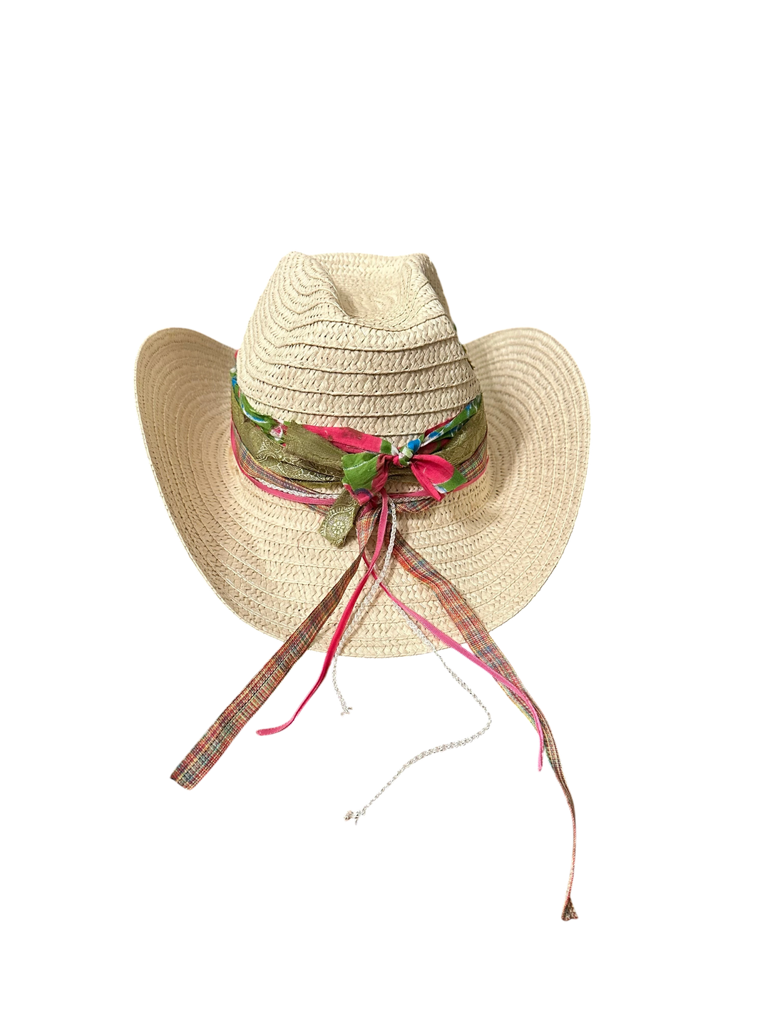 Adams + Hegwood woven straw western hat with a colorful floral fabric ribbon band and dangling textured ties.