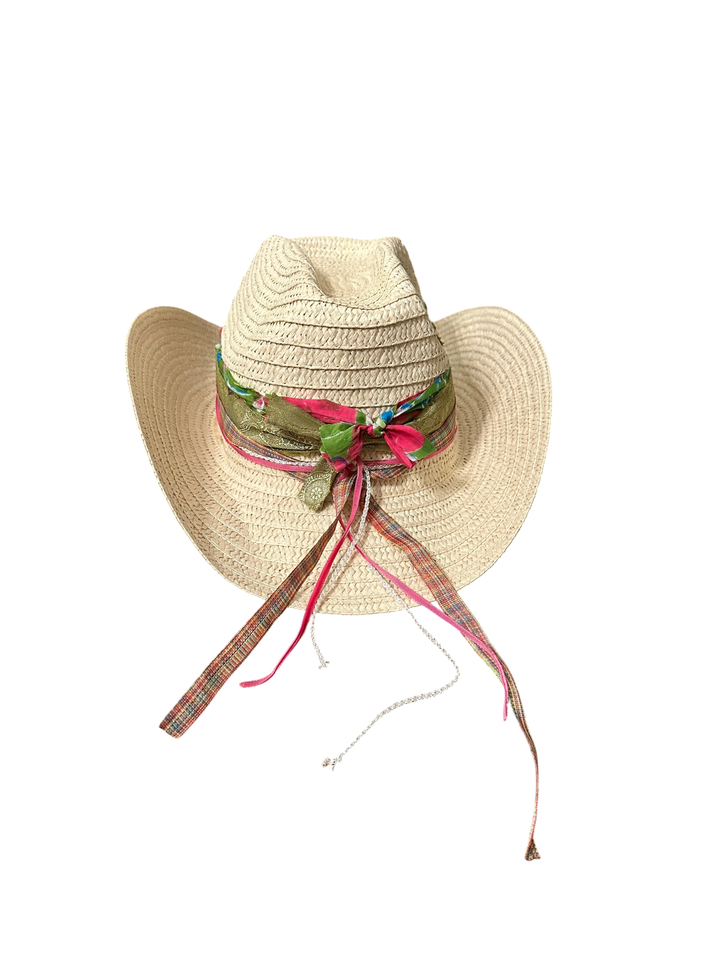 Adams + Hegwood woven straw western hat with a colorful floral fabric ribbon band and dangling textured ties.