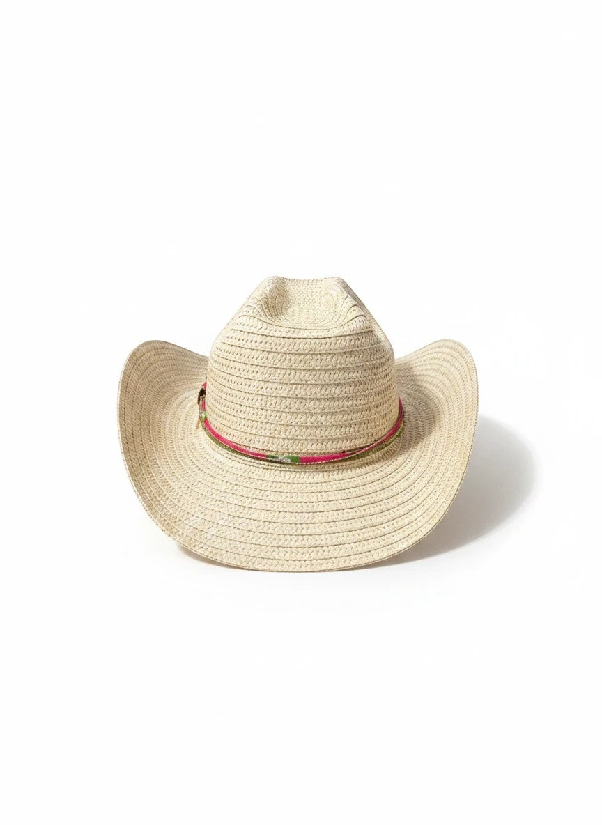 Adams + Hegwood woven straw western hat with a colorful floral fabric band and wide brim for sun protection.
