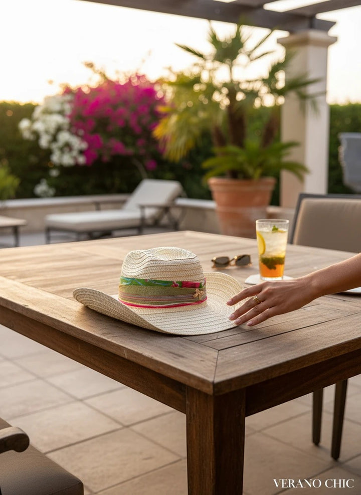 Adams + Hegwood woven straw western hat with a colorful floral ribbon band on a wooden patio table at sunset.