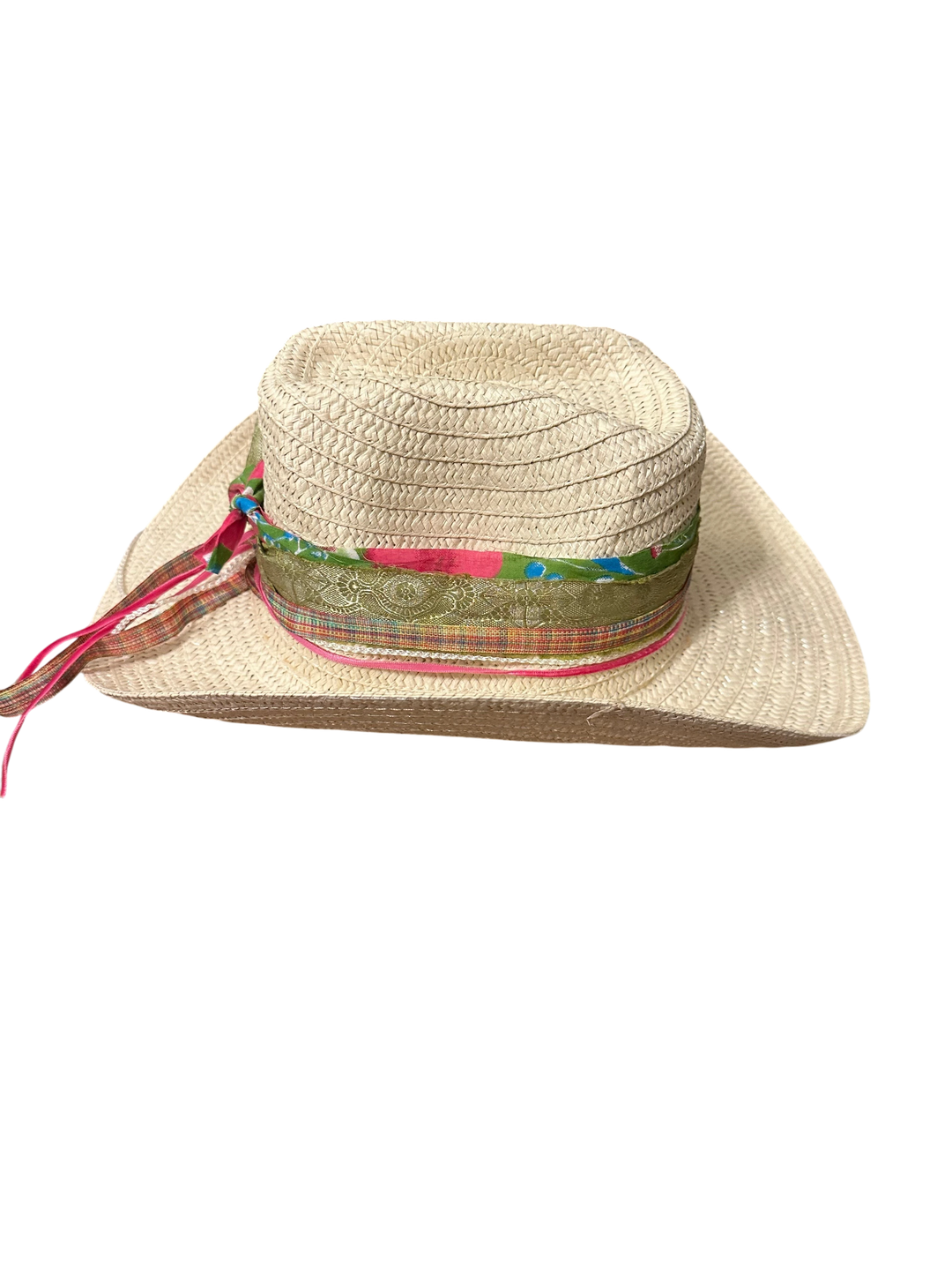 Adams + Hegwood woven straw western hat with a multi-layered floral fabric band and decorative ribbon trim.