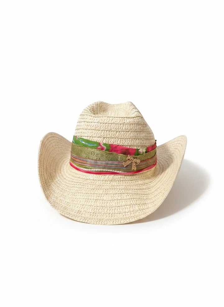 Adams + Hegwood woven straw western hat with a colorful floral ribbon band and decorative charm.