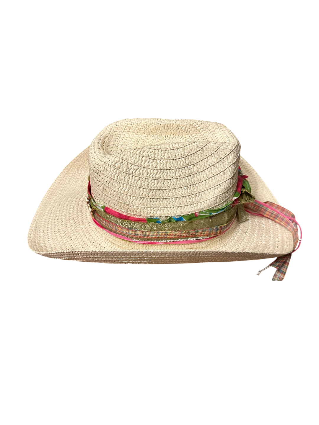 Adams + Hegwood woven straw western hat with a colorful floral fabric ribbon band and side tie detail.