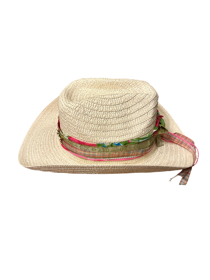 Adams + Hegwood woven straw western hat with a colorful floral fabric ribbon band and side tie detail.