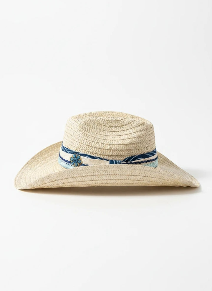 Adams + Hegwood woven straw western sun hat with a blue patterned fabric band, crochet trim, and floral accent.