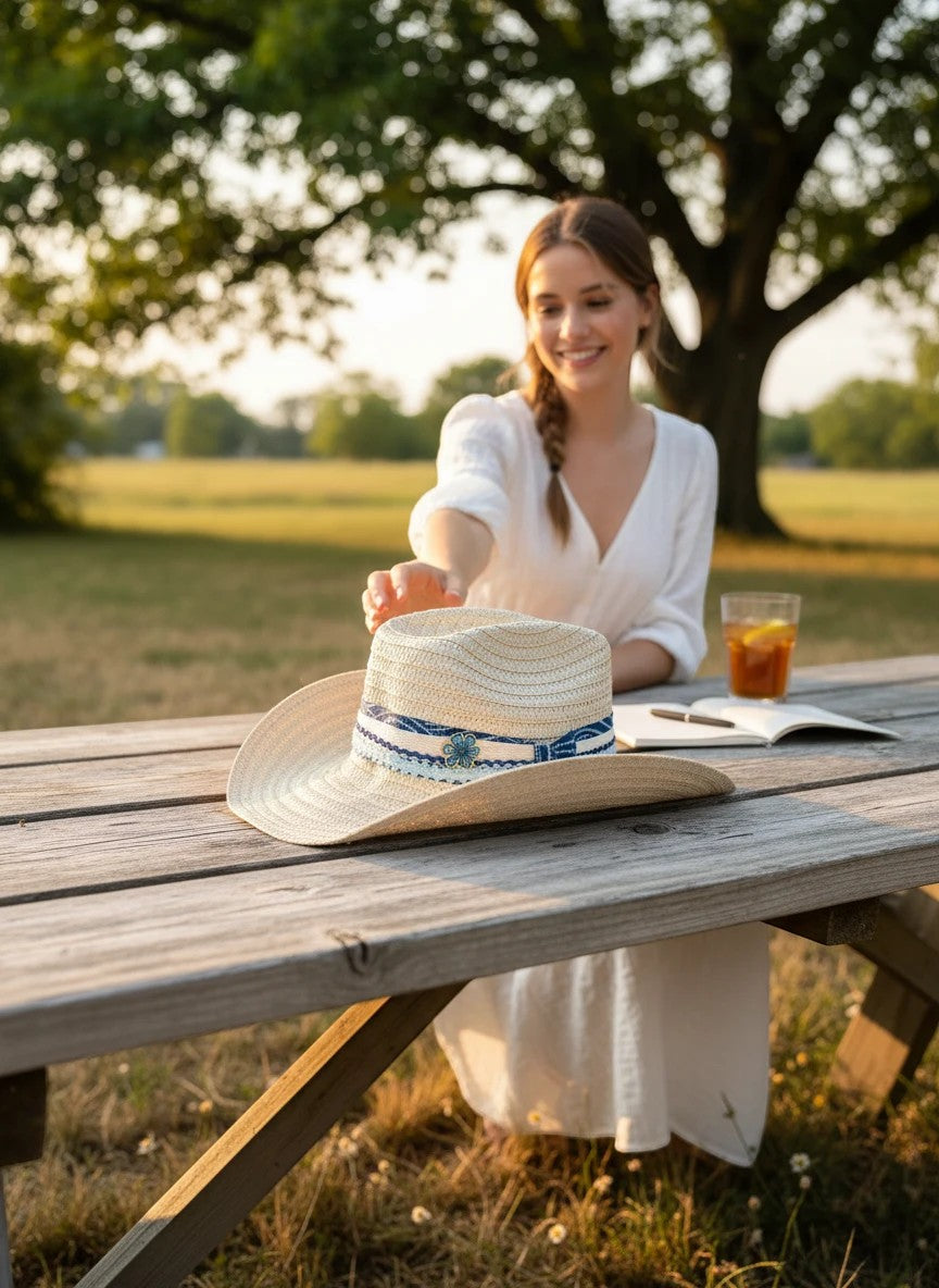 Adams + Hegwood woven straw western sun hat with blue patterned band and floral accent on a rustic outdoor table.