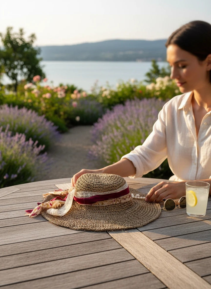 Adams + Hegwood woven straw wide brim sun hat with burgundy ribbon, lace trim, floral fabric, and faux pearls.