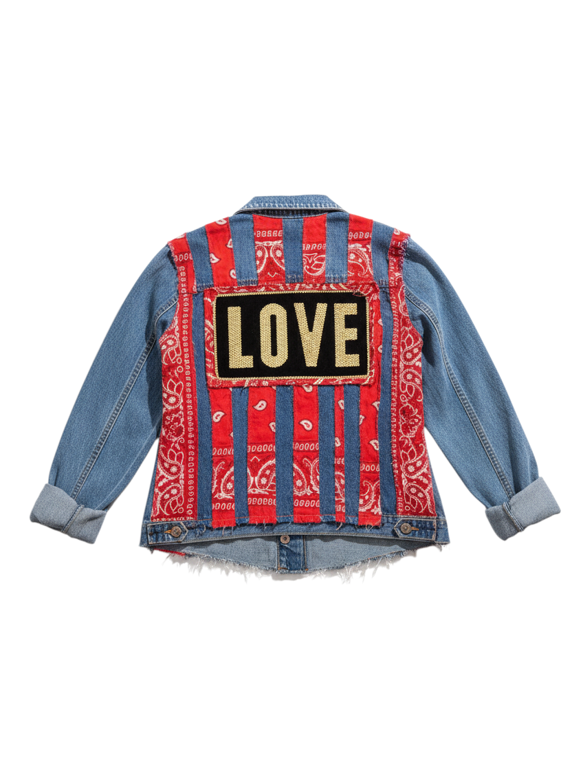 Back of The Denim Muse handmade denim jacket with red bandana and denim stripes and a gold sequin LOVE patch