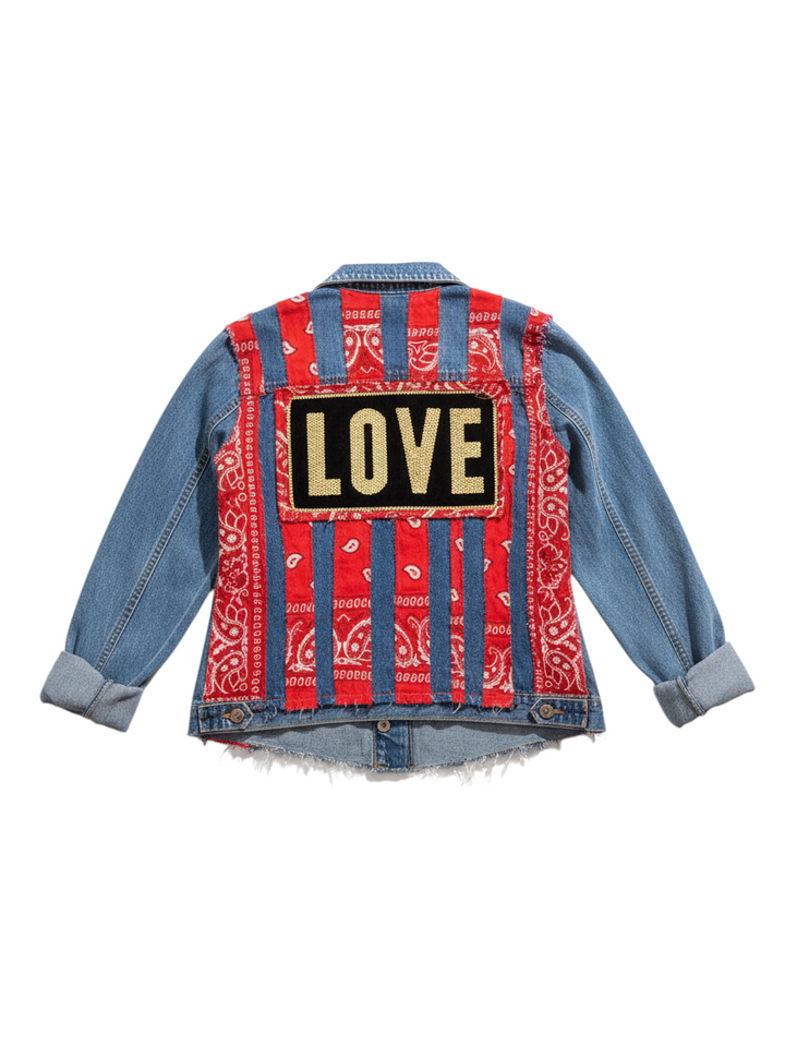 Back of The Denim Muse handmade denim jacket with red bandana and denim stripes and a gold sequin LOVE patch