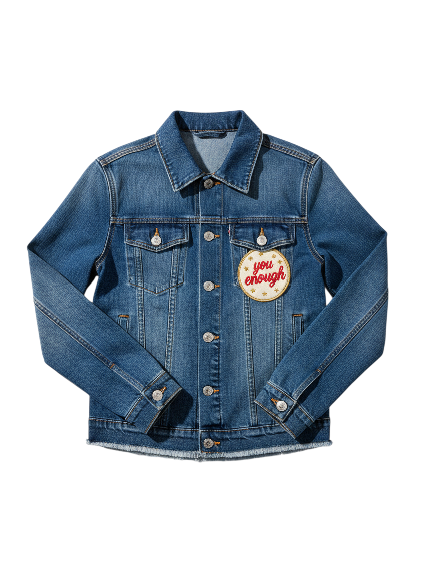 Front of The Denim Muse handmade denim jacket with an embroidered You Are Enough chest patch