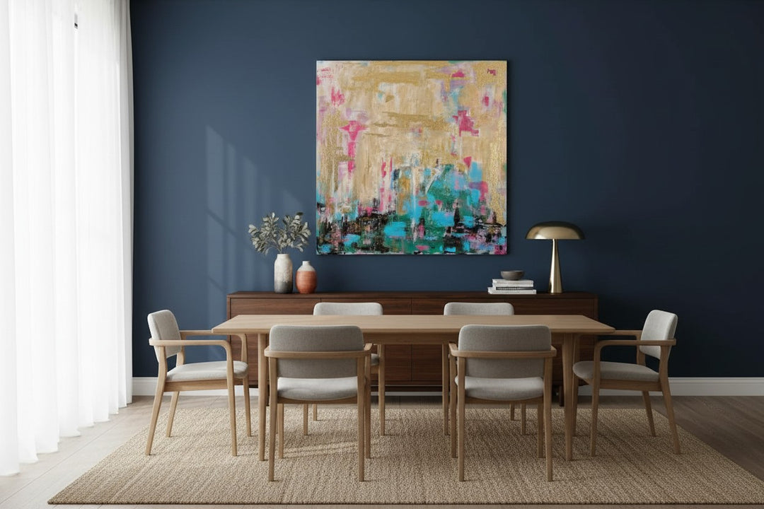 Natalie Adams Hegwood Studio original mixed media art with gold leaf, turquoise, and blush tones in a dining room.