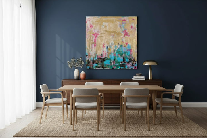 Natalie Adams Hegwood Studio original mixed media art with gold leaf, turquoise, and blush tones in a dining room.