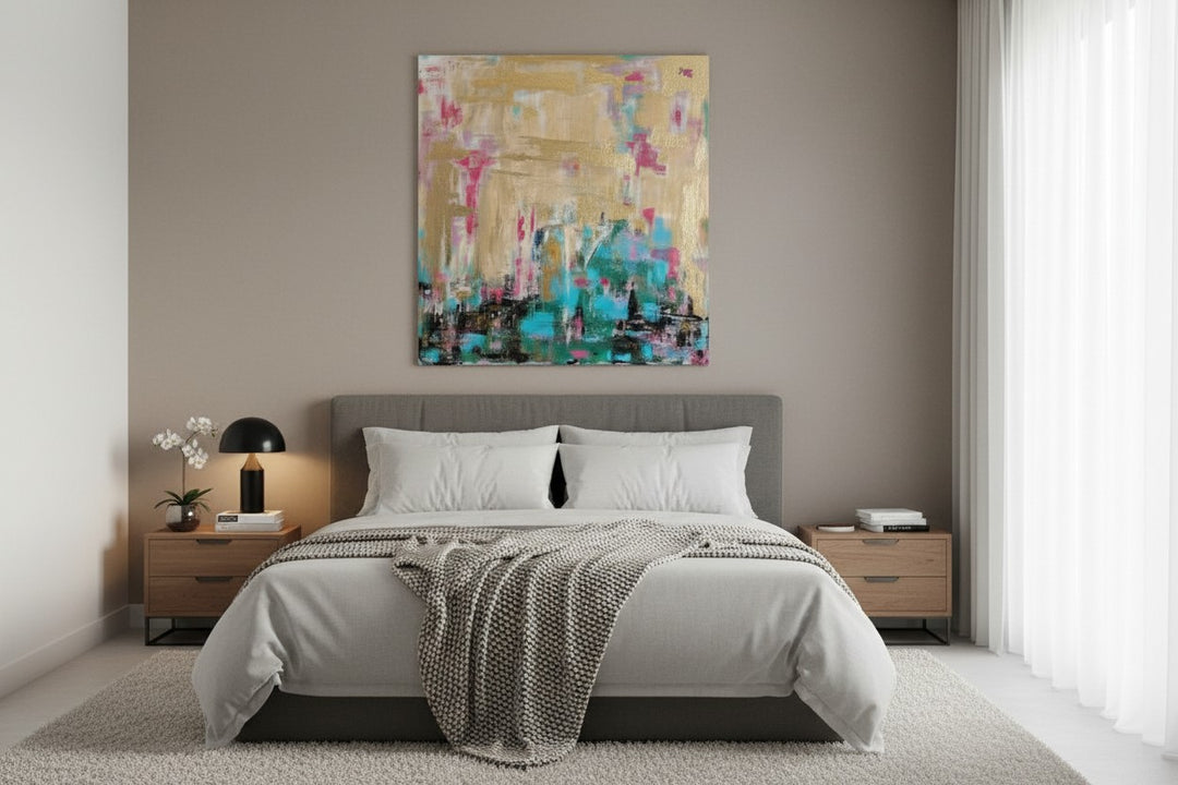 Natalie Adams Hegwood Studio original mixed media painting with gold leaf, turquoise, and blush tones above a bed.