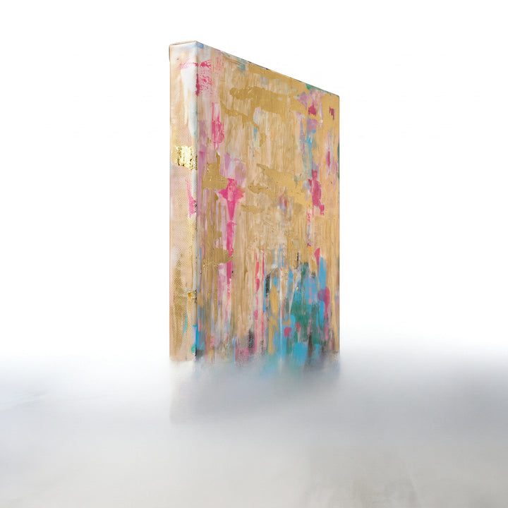 Natalie Adams Hegwood Studio original mixed media painting with gold leaf, turquoise, and blush on canvas, side view.