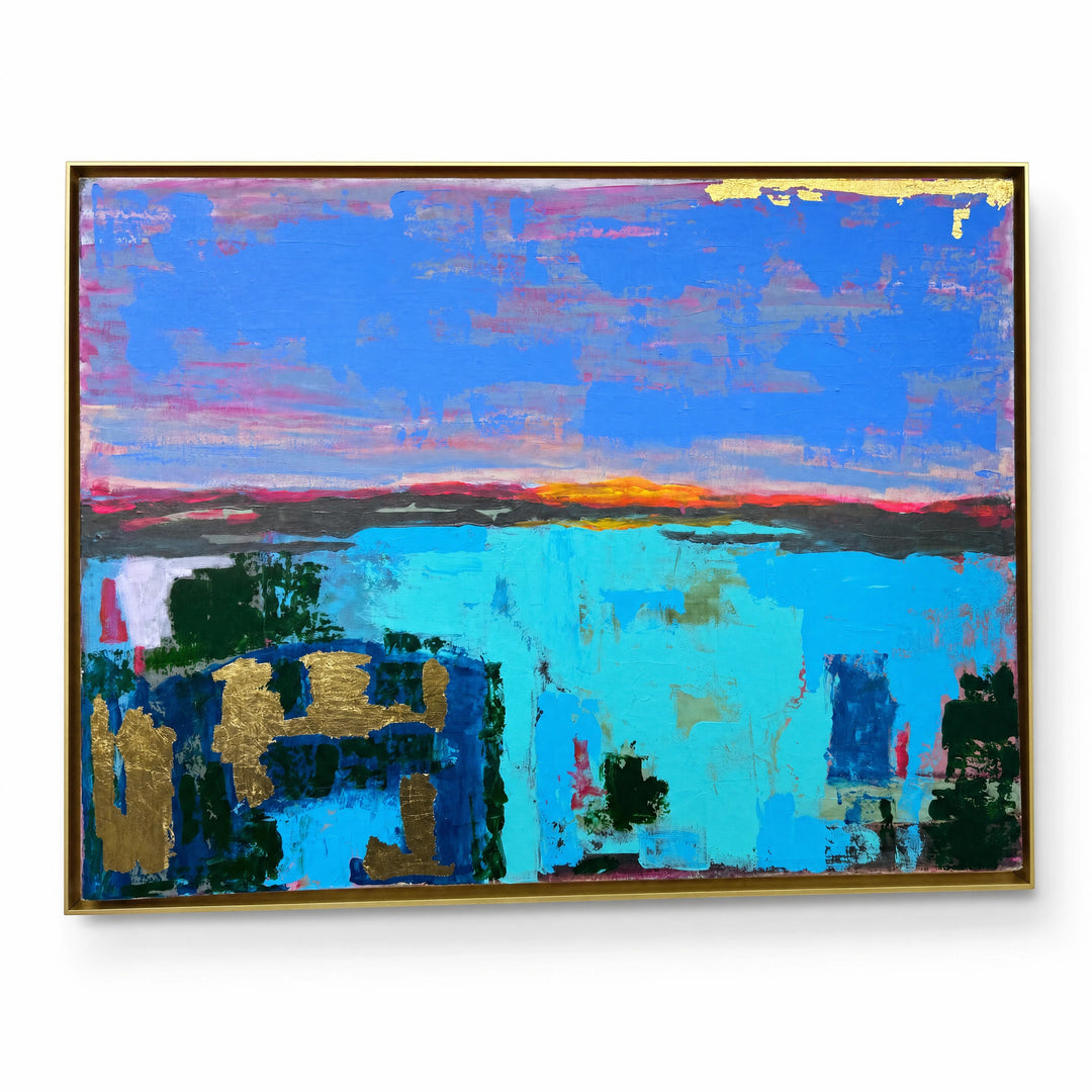 Natalie Adams Hegwood Studio abstract painting featuring cobalt, turquoise, and gold leaf on a framed canvas.