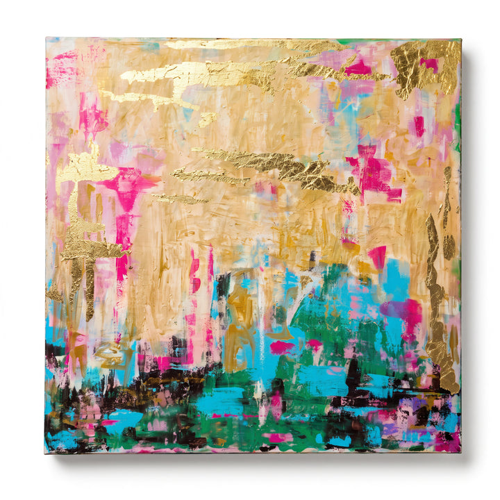 Natalie Adams Hegwood Studio original mixed media painting featuring gold leaf, turquoise, and blush on square canvas.