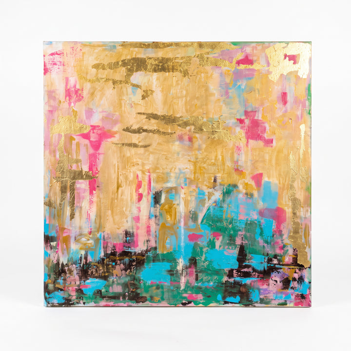 Natalie Adams Hegwood Studio original mixed media painting featuring gold leaf, turquoise, and blush on square canvas.